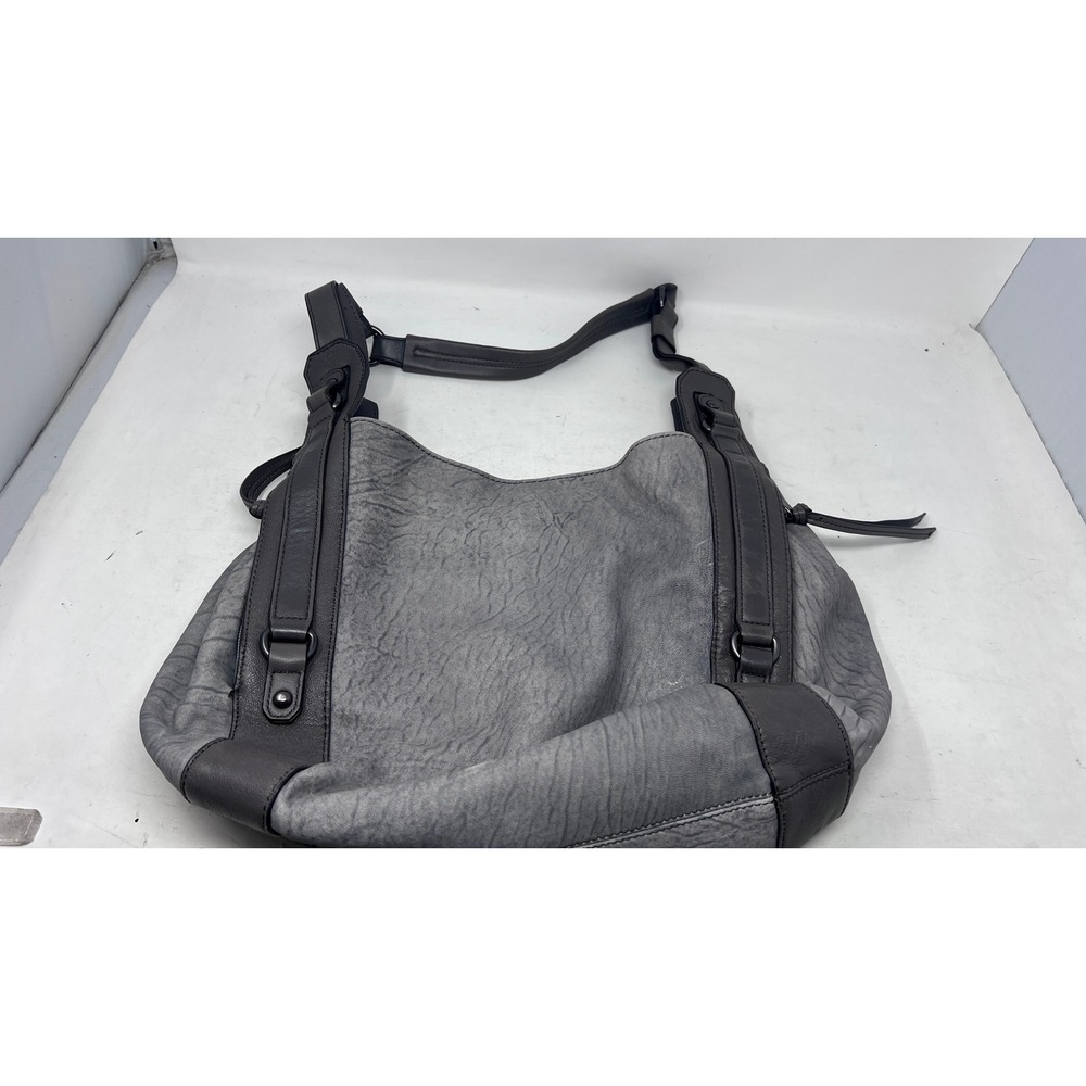 Koba Grey Textured Leather Hobo Shoulder Bag Slouchy Tote Plum Lining